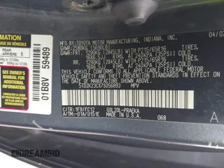 2007 Toyota Sienna CE with VIN 5TDZK23CX7S056893, listed as a IAAI auction lot 41838009 with 284,483 mi miles and . Bid and sale history available at carsss.com. Image 9.