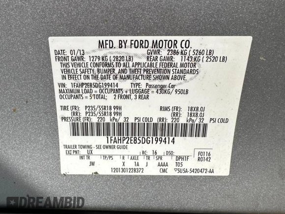 2013 Ford Taurus SEL with VIN 1FAHP2E85DG199414, listed as a Copart auction lot 54572685 with 122,416 mi miles and Clean Title. Bid and sale history available at carsss.com. Image 10.