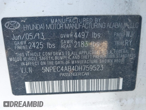 2013 Hyundai Sonata Limited with VIN 5NPEC4AB4DH759523, listed as a IAAI auction lot 42011928 with 190,419 mi miles and . Bid and sale history available at DreamBid. Image 9.