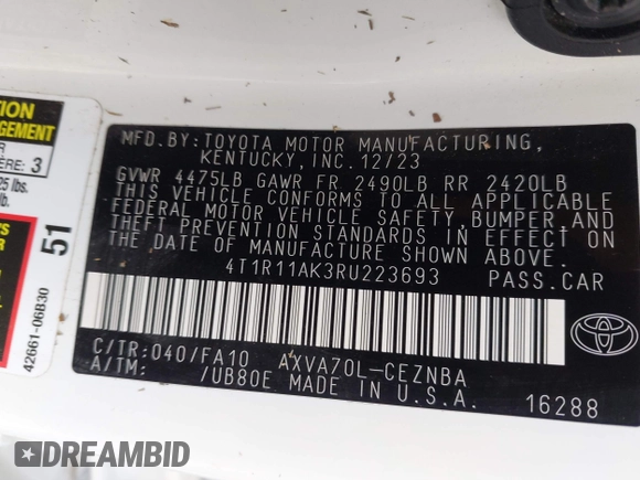 2024 Toyota Camry LE z VIN 4T1R11AK3RU223693, wystawiony jako IAAI lot #41920547 z przebiegiem Nie podano mil oraz . Historia ofert i sprzedaży dostępna na DreamBid. Obrazek 9.