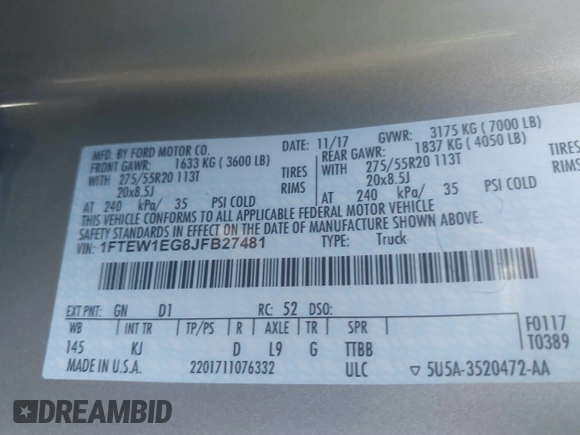 2018 Ford F-150 XL with VIN 1FTEW1EG8JFB27481, listed as a IAAI auction lot 41212463 with 62,473 mi miles and . Bid and sale history available at DreamBid. Image 9.