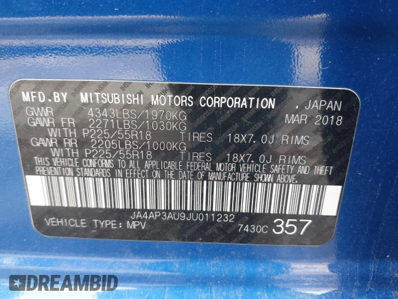 2018 Mitsubishi Outlander ES with VIN JA4AP3AU9JU011232, listed as a IAAI auction lot 42057462 with 106,339 mi miles and . Bid and sale history available at DreamBid. Image 9.