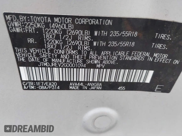 2016 Toyota RAV4 Limited с VIN JTMDJREV2GD001094, выставлен на аукционе IAAI как лот 42499355 с пробегом 295 363 миль миль и . История ставок и продаж доступна на DreamBid. Изображение 9.