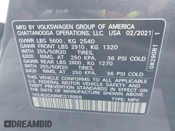 2021 Volkswagen Atlas SE с VIN 1V2JE2CA6MC219358, выставлен на аукционе IAAI как лот 41706051 с пробегом 48 622 миль миль и . История ставок и продаж доступна на DreamBid. Изображение 9.
