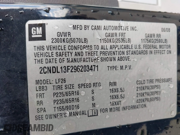 2009 Chevrolet Equinox LS with VIN 2CNDL13F296203471, listed as a IAAI auction lot 41985748 with Not Provided miles and . Bid and sale history available at DreamBid. Image 9.