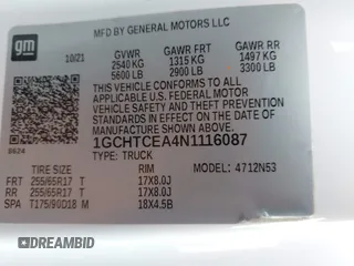 2022 Chevrolet Colorado 4WD LT with VIN 1GCHTCEA4N1116087, listed as a IAAI auction lot 42149639 with 100,544 mi miles and . Bid and sale history available at DreamBid. Image 9.