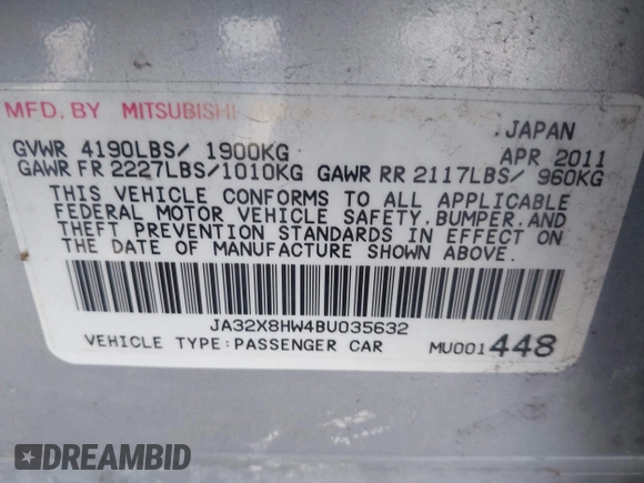 2011 Mitsubishi Lancer GTS with VIN JA32X8HW4BU035632, listed as a IAAI auction lot 41680740 with 134,477 mi miles and . Bid and sale history available at carsss.com. Image 9.