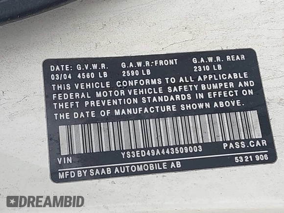 2004 Saab 9-5 Arc with VIN YS3ED49A443509003, listed as a IAAI auction lot 41196231 with 203,388 mi miles. Bid and sale history available at carsss.com. Image 9.