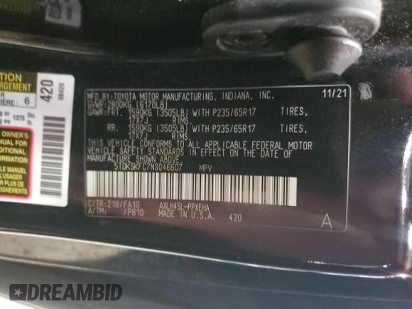 2022 Toyota Sienna LE z VIN 5TDKSKFC7NS046607, wystawiony jako Copart lot #59079205 z przebiegiem 190 151 mil mil oraz Czysty tytuł • Clean title. Historia ofert i sprzedaży dostępna na DreamBid. Obrazek 13.