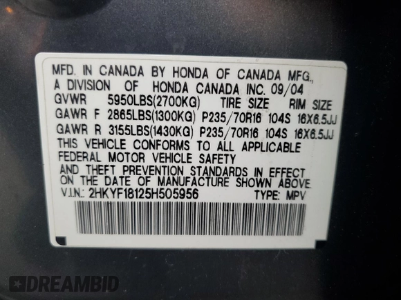 2005 Honda Pilot LX z VIN 2HKYF18125H505956, wystawiony jako Copart lot #49728655 z przebiegiem 275 696 mil mil oraz Szkoda całkowita • Salvage title. Historia ofert i sprzedaży dostępna na DreamBid. Obrazek 15.