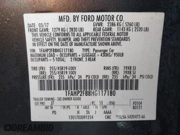 2017 Ford Taurus Limited with VIN 1FAHP2F88HG117180, listed as a IAAI auction lot 41760619 with 164,175 mi miles and . Bid and sale history available at DreamBid. Image 9.