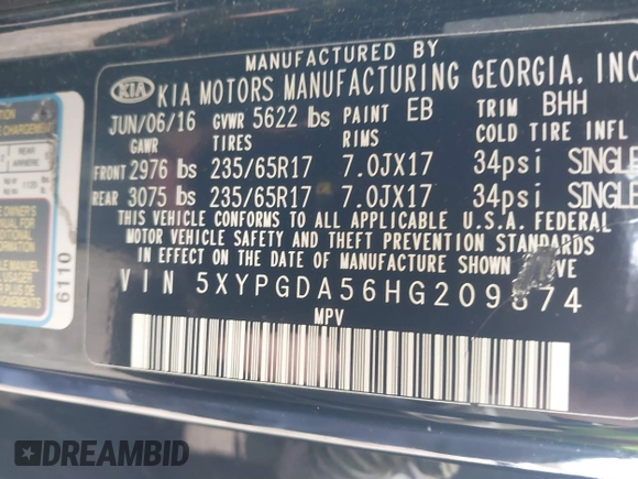 2017 Kia Sorento LX with VIN 5XYPGDA56HG209874, listed as a IAAI auction lot 42041004 with 151,205 mi miles and . Bid and sale history available at carsss.com. Image 9.