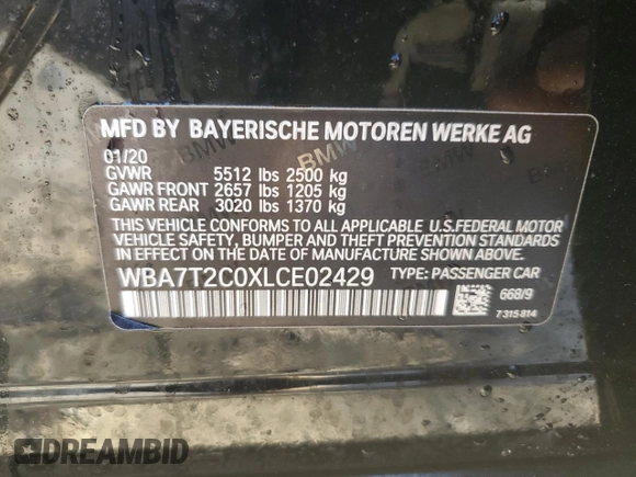 2020 BMW 7 Series 740i with VIN WBA7T2C0XLCE02429, listed as a Copart auction lot 42574835 with 73,970 mi miles and Salvage Title. Bid and sale history available at carsss.com. Image 14.
