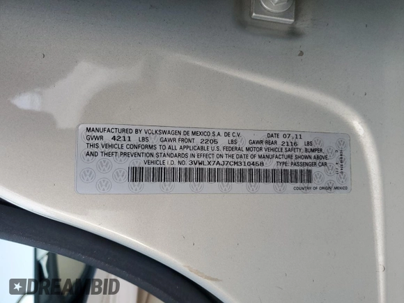 2012 Volkswagen Jetta Sedan SEL w/Sunroof with VIN 3VWLX7AJ7CM310458, listed as a Copart auction lot 87670525 with 142,944 mi miles and Salvage Title. Bid and sale history available at carsss.com. Image 12.