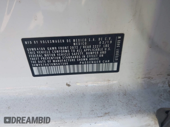 2019 Volkswagen Golf SportWagen S with VIN 3VWY57AU1KM507386, listed as a IAAI auction lot 41310938 with 53,470 mi miles. Bid and sale history available at carsss.com. Image 9.