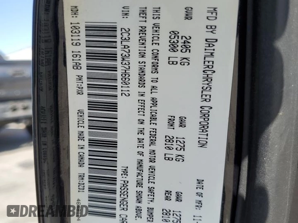 2007 Chrysler 300 C SRT8 with VIN 2C3LA73W37H660112, listed as a Copart auction lot 72966724 with 116,341 mi miles and Salvage Title. Bid and sale history available at carsss.com. Image 12.