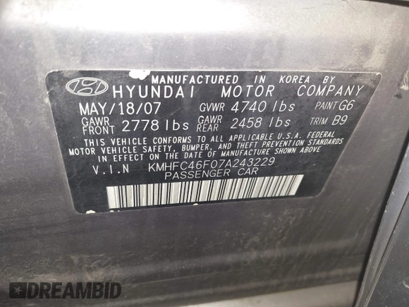 2007 Hyundai Azera SE with VIN KMHFC46F07A243229, listed as a IAAI auction lot 41261394 with 249,523 mi miles and . Bid and sale history available at DreamBid. Image 9.