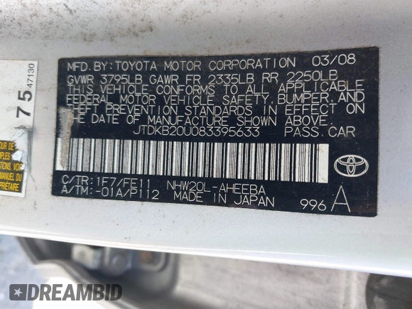 2008 Toyota Prius with VIN JTDKB20U083395633, listed as a IAAI auction lot 42592217 with Not provided miles and . Bid and sale history available at DreamBid. Image 9.