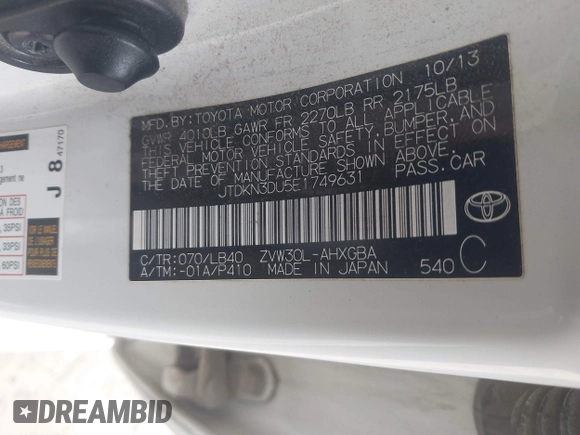 2014 Toyota Prius Four with VIN JTDKN3DU5E1749631, listed as a IAAI auction lot 42316074 with 136,535 mi miles and . Bid and sale history available at DreamBid. Image 9.