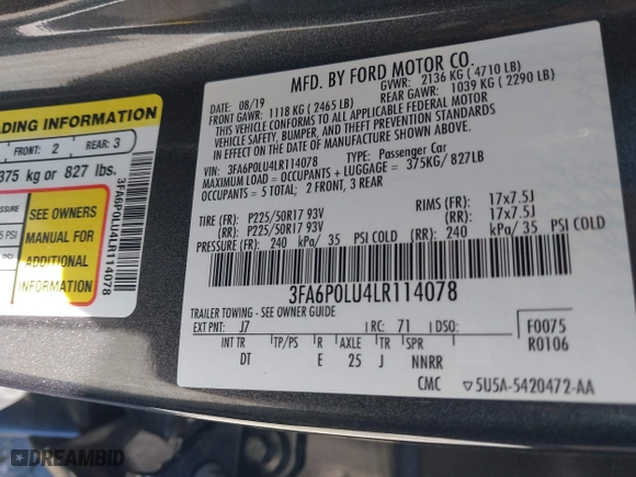 2020 Ford Fusion Hybrid SE with VIN 3FA6P0LU4LR114078, listed as a IAAI auction lot 41945316 with 1 mi miles. Bid and sale history available at carsss.com. Image 9.