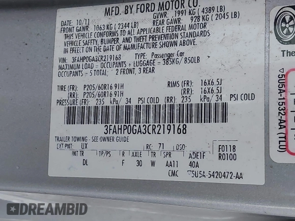 2012 Ford Fusion S with VIN 3FAHP0GA3CR219168, listed as a IAAI auction lot 41845248 with 161,076 mi miles. Bid and sale history available at carsss.com. Image 9.