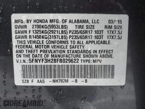 2015 Honda Pilot LX with VIN 5FNYF3H28FB029622, listed as a IAAI auction lot 41562469 with 145,075 mi miles and . Bid and sale history available at carsss.com. Image 9.