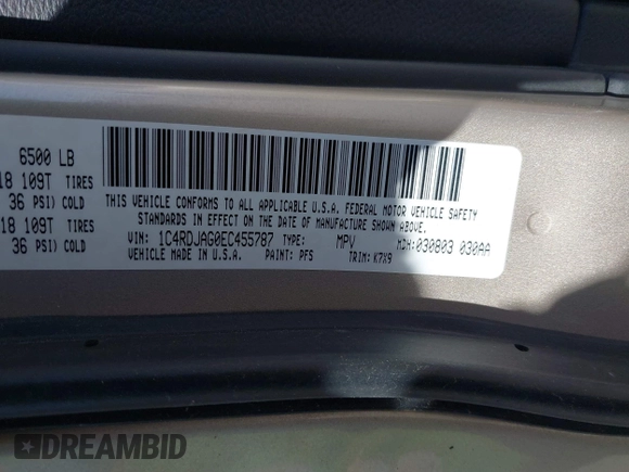 2014 Dodge Durango SXT with VIN 1C4RDJAG0EC455787, listed as a IAAI auction lot 42651627 with 103,218 mi miles and . Bid and sale history available at DreamBid. Image 9.