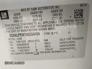 2010 Chevrolet Equinox 2LT with VIN 2CNALPEW7A6354104, listed as a IAAI auction lot 42099429 with 94,418 mi miles and . Bid and sale history available at DreamBid. Image 9.
