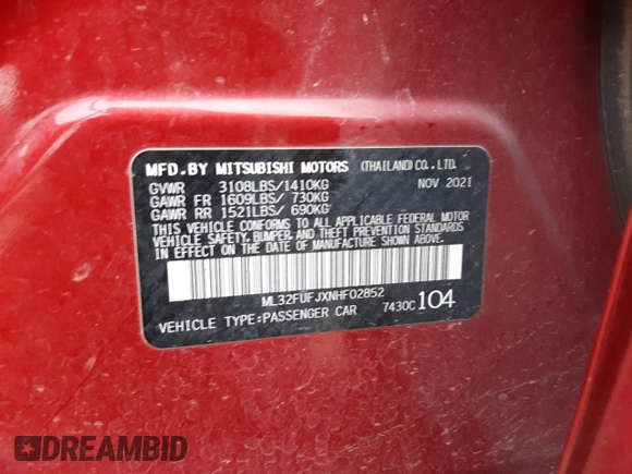 2022 Mitsubishi Mirage G4 ES with VIN ML32FUFJXNHF02852, listed as a Copart auction lot 78301073 with 0 mi miles. Bid and sale history available at carsss.com. Image 13.