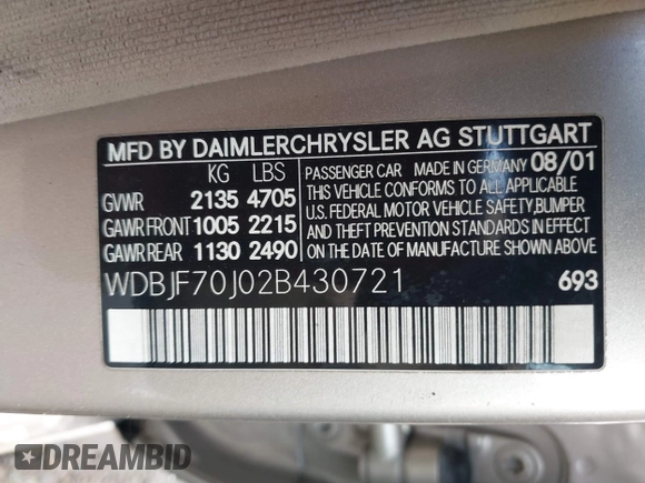 2002 Mercedes-Benz E 320 with VIN WDBJF70J02B430721, listed as a IAAI auction lot 41785294 with 199,416 mi miles and . Bid and sale history available at DreamBid. Image 9.