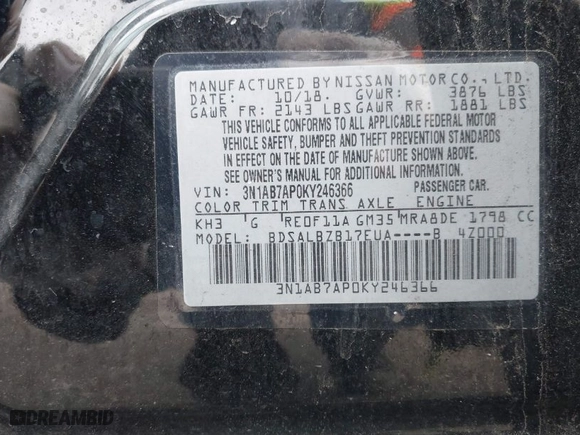 2019 Nissan Sentra S with VIN 3N1AB7AP0KY246366, listed as a IAAI auction lot 41815021 with NaN miles. Bid and sale history available at carsss.com. Image 9.