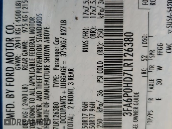 2020 Ford Fusion SE with VIN 3FA6P0HD7LR126380, listed as a Copart auction lot 50234215 with 70,438 mi miles and Salvage Title. Bid and sale history available at carsss.com. Image 14.