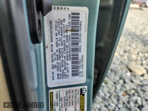 2005 Toyota Corolla CE with VIN 1NXBR30EX5Z475890, listed as a Copart auction lot 63123825 with 227,789 mi miles and Clean title. Bid and sale history available at DreamBid. Image 12.