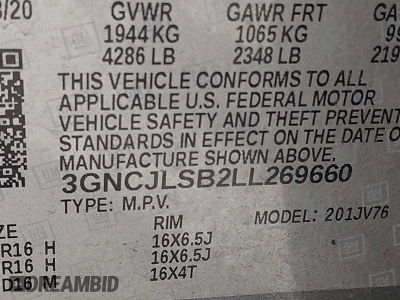 2020 Chevrolet Trax LT z VIN 3GNCJLSB2LL269660, wystawiony jako IAAI lot #42039286 z przebiegiem 111 147 mil mil oraz . Historia ofert i sprzedaży dostępna na DreamBid. Obrazek 9.