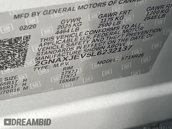 2020 Chevrolet Equinox LT z VIN 2GNAXJEV5L6232137, wystawiony jako IAAI lot #42564889 z przebiegiem 72 940 mil mil oraz . Historia ofert i sprzedaży dostępna na DreamBid. Obrazek 9.