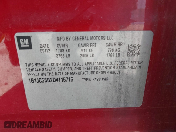 2013 Chevrolet Sonic LT with VIN 1G1JC5SB2D4115715, listed as a IAAI auction lot 41870815 with 137,786 mi miles and . Bid and sale history available at DreamBid. Image 9.