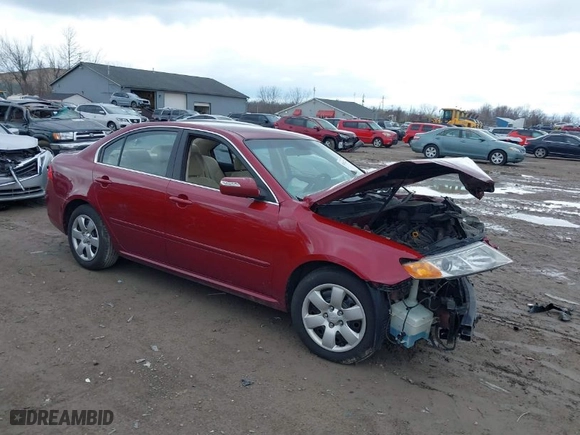 2009 Kia Optima LX with VIN KNAGE228295292892, listed as a IAAI auction lot 41812221 with 179,276 mi miles. Bid and sale history available at carsss.com. Image 1.