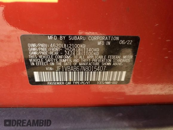 2022 Subaru WRX z VIN JF1VBAB67N8015407, wystawiony jako Copart lot #85027884 z przebiegiem 26 991 mil mil oraz Szkody całkowita. Historia ofert i sprzedaży dostępna na DreamBid. Obrazek 12.