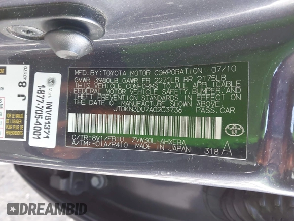 2010 Toyota Prius II z VIN JTDKN3DU7A0203736, wystawiony jako IAAI lot #42489650 z przebiegiem 425 314 mil mil oraz . Historia ofert i sprzedaży dostępna na DreamBid. Obrazek 9.