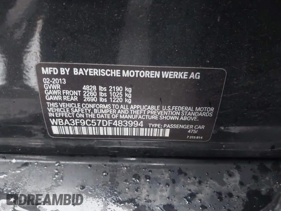 2013 BMW 3 Series ActiveHybrid 3 with VIN WBA3F9C57DF483994, listed as a IAAI auction lot 41797778 with 92,313 mi miles. Bid and sale history available at carsss.com. Image 9.
