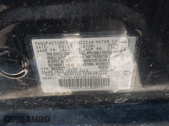 2019 Nissan Note SV with VIN 3N1CE2CP1KL365279, listed as a IAAI auction lot 41323457 with 141,408 mi miles and . Bid and sale history available at DreamBid. Image 9.