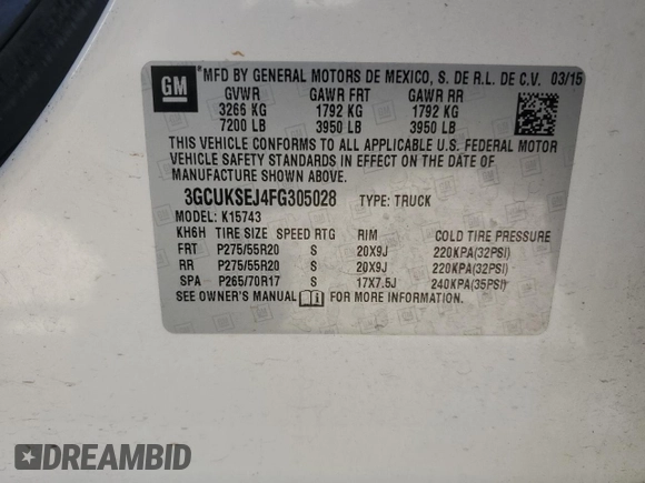 2015 Chevrolet Silverado 1500 LTZ with VIN 3GCUKSEJ4FG305028, listed as a Copart auction lot 46948365 with 0 mi miles and Salvage Title. Bid and sale history available at carsss.com. Image 12.