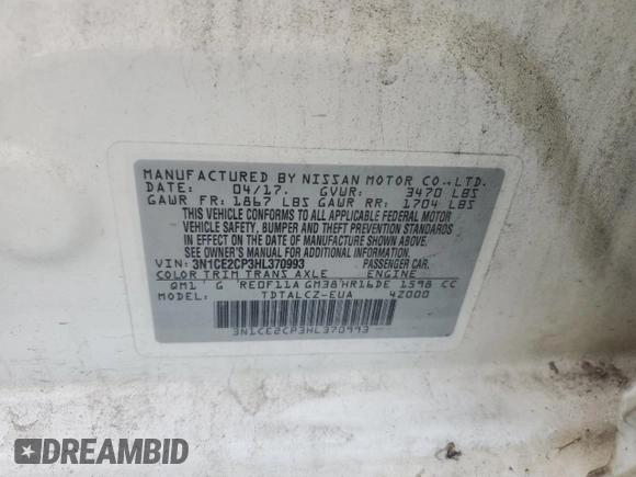 2017 Nissan Note SR with VIN 3N1CE2CP3HL370993, listed as a Copart auction lot 54891575 with 190,586 mi miles and Clean Title. Bid and sale history available at DreamBid. Image 12.