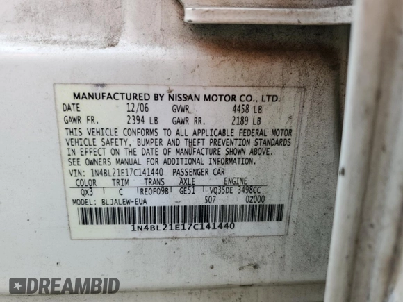 2007 Nissan Altima SL with VIN 1N4BL21E17C141440, listed as a Copart auction lot 53164635 with 214,117 mi miles and Non Repairable. Bid and sale history available at DreamBid. Image 13.