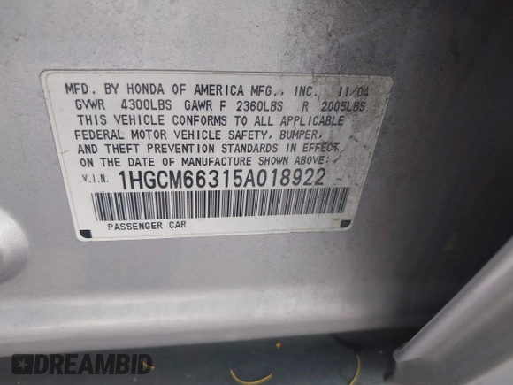 2005 Honda Accord LX with VIN 1HGCM66315A018922, listed as a IAAI auction lot 42040326 with 225,331 mi miles and . Bid and sale history available at DreamBid. Image 9.