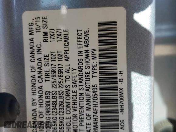 2015 Honda CR-V EX-L with VIN 2HKRM4H74FH705495, listed as a Copart auction lot 43537685 with Not Provided miles and Salvage Title. Bid and sale history available at carsss.com. Image 15.