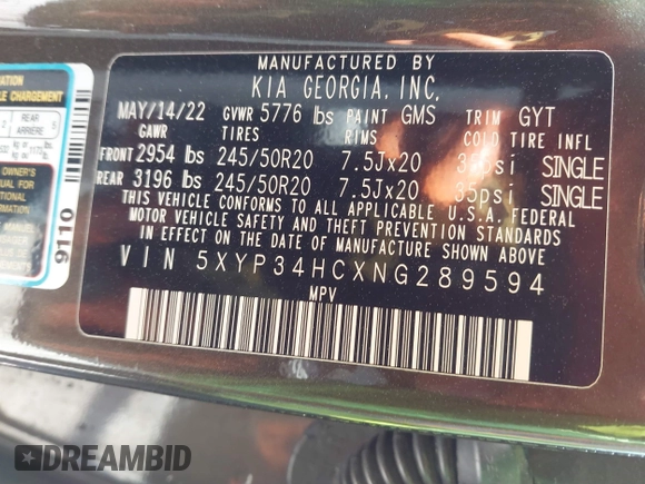 2022 Kia Telluride EX with VIN 5XYP34HCXNG289594, listed as a IAAI auction lot 41812433 with 91,110 mi miles and . Bid and sale history available at DreamBid. Image 9.