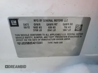 2012 Chevrolet Sonic LT with VIN 1G1JC6SB0C4213341, listed as a Copart auction lot 86681394 with 52,450 mi miles and Salvage Title. Bid and sale history available at carsss.com. Image 12.
