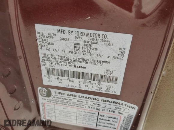 2010 Ford F-150 XL с VIN 1FTFW1EV1AKB84549, выставлен на аукционе Copart как лот 60336585 с пробегом 387 073 миль миль и Чистый • Clean title. История ставок и продаж доступна на DreamBid. Изображение 12.