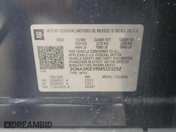 2021 Chevrolet Equinox LT with VIN 3GNAXKEV6MS103252, listed as a Copart auction lot 61040265 with 48,778 mi miles and Salvage title. Bid and sale history available at DreamBid. Image 13.